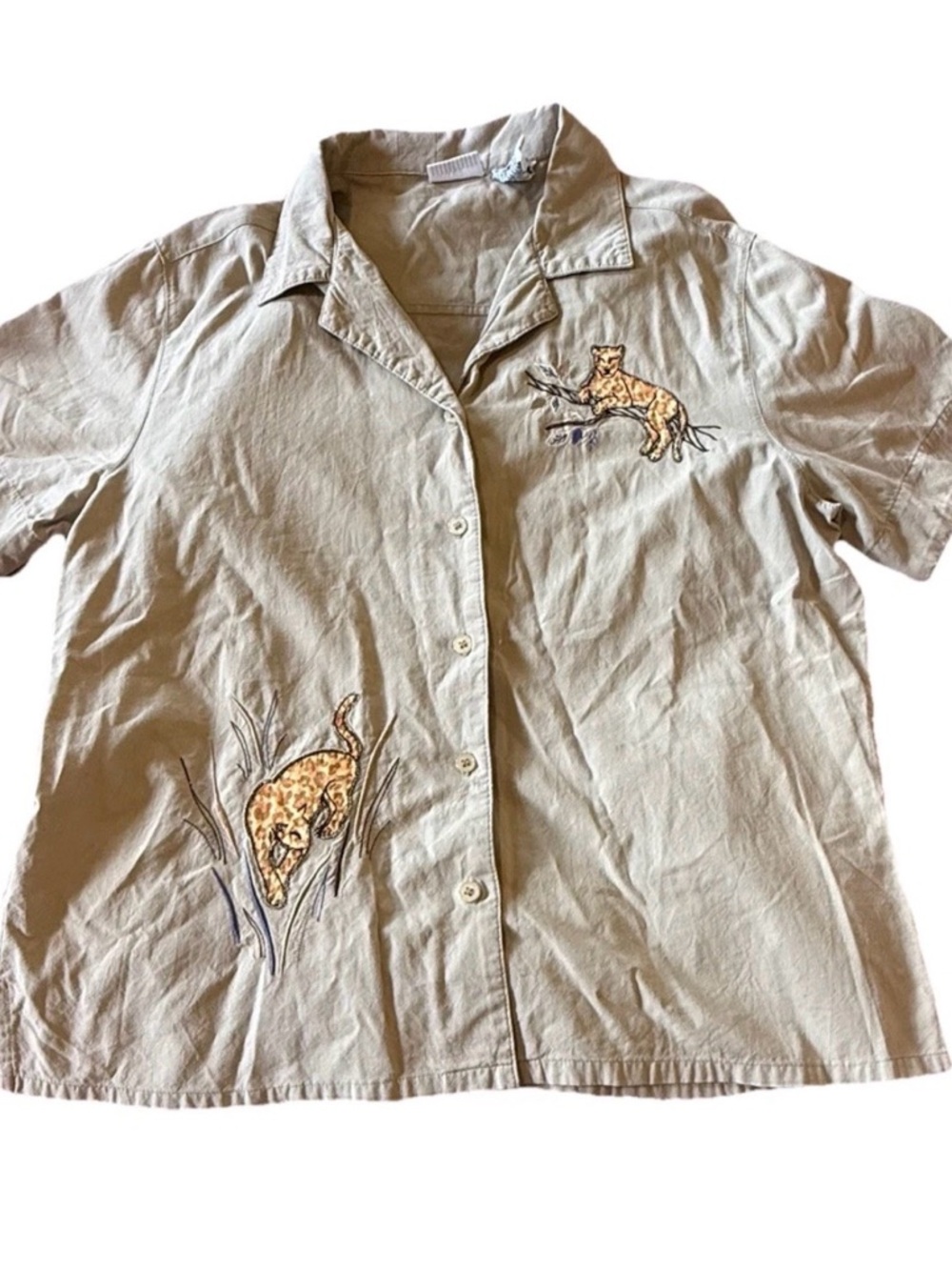 Vintage White Stag Leopard Pajama Set Women L Sleep Shirt Embroidered 1990 Tan